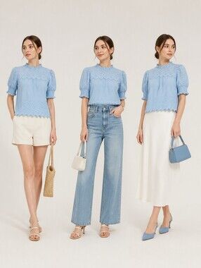 Light Blue Eyelet Puff Sleeve Blouse